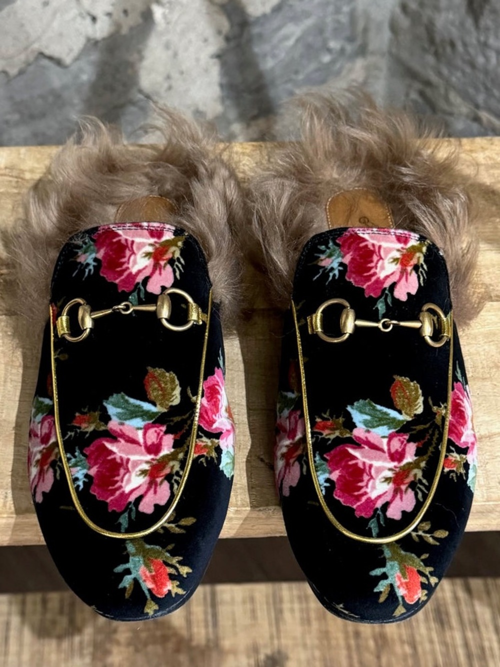 Gucci Princetown Black Velvet Floral Fur-Trim Horsebit Mules